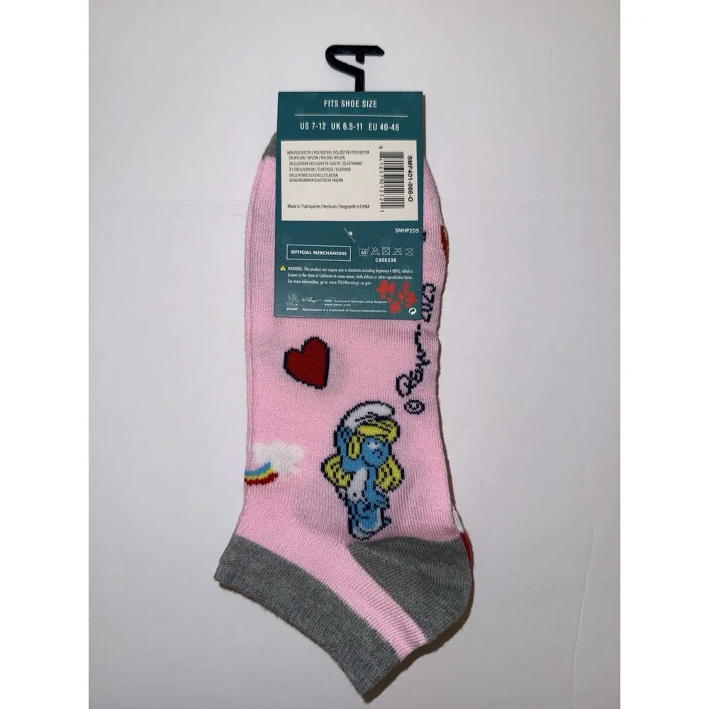 Smurfs Adult 2 Pair Ankle Socks 7-12 Cartoon Fun Gift Pink White Novelty NEW